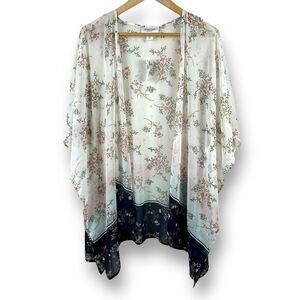 Motherhood Maternity Challis Floral Kimono Robe‎ Cream Black Semi Sheer New OS